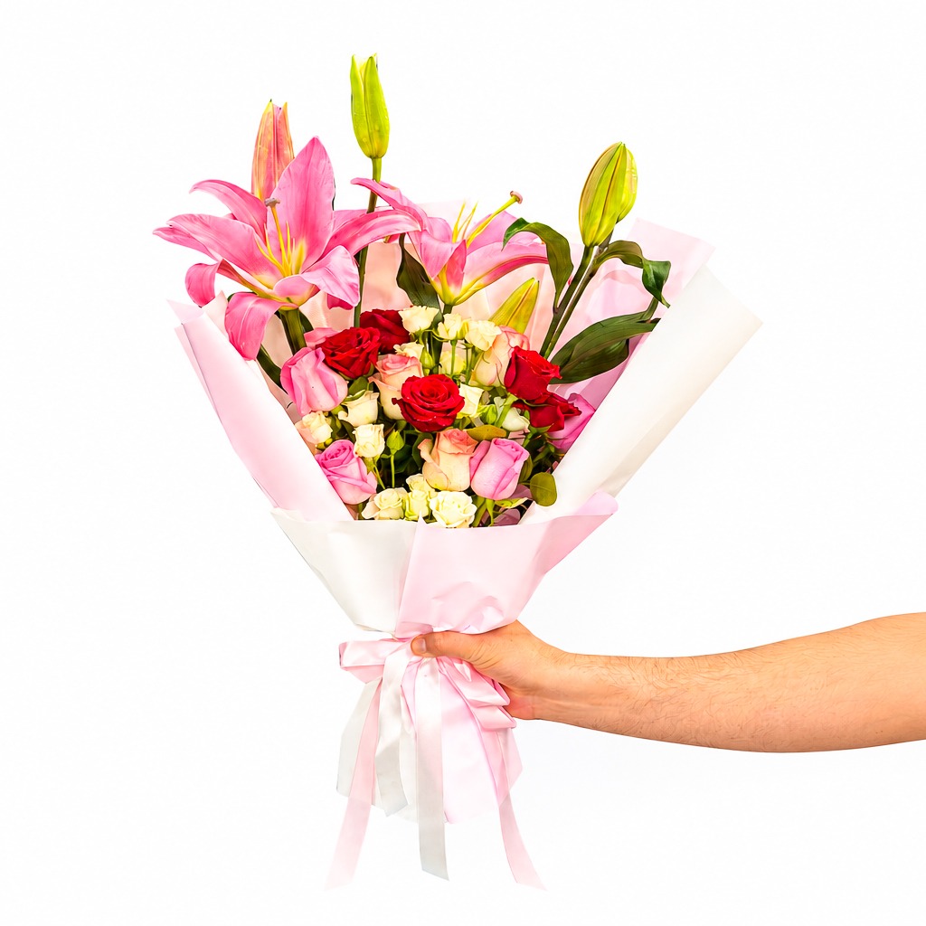 Mix Pink Lily Spray Roses Bouquet